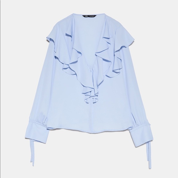 Zara RUFFLED LONG SLEEVE BUTTON UP V-NECK BLOUSE - Picture 9 of 10